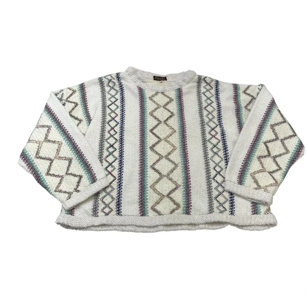 Vintage Bachrach Sweater White Geometric Pullover XL Oversized Cosby Grandpa